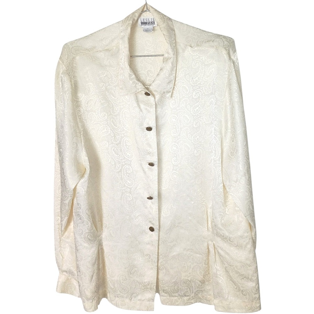 Vintage Leslie Fay Cream Paisley Satin Jacquard Button Up Blouse Womens 18